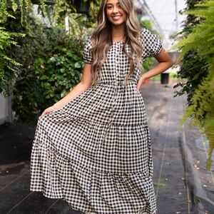 Henly Gingham Tiered Dress Pockets Size L